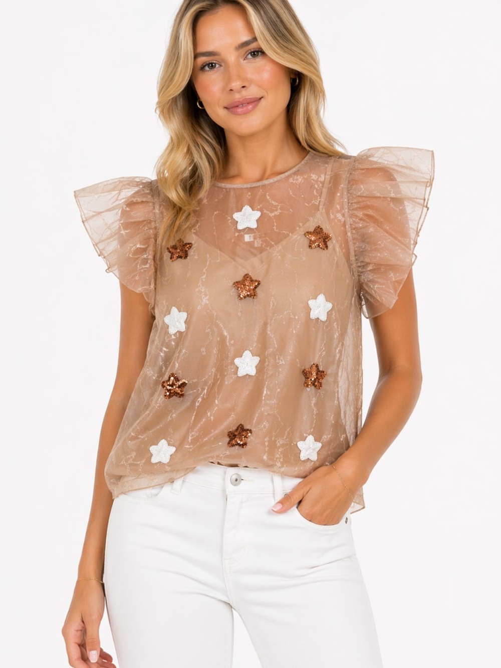 TCEC‎ Size Large Women's Boutique Sheer Ruffle Sleeve Top Star Sequin Accents